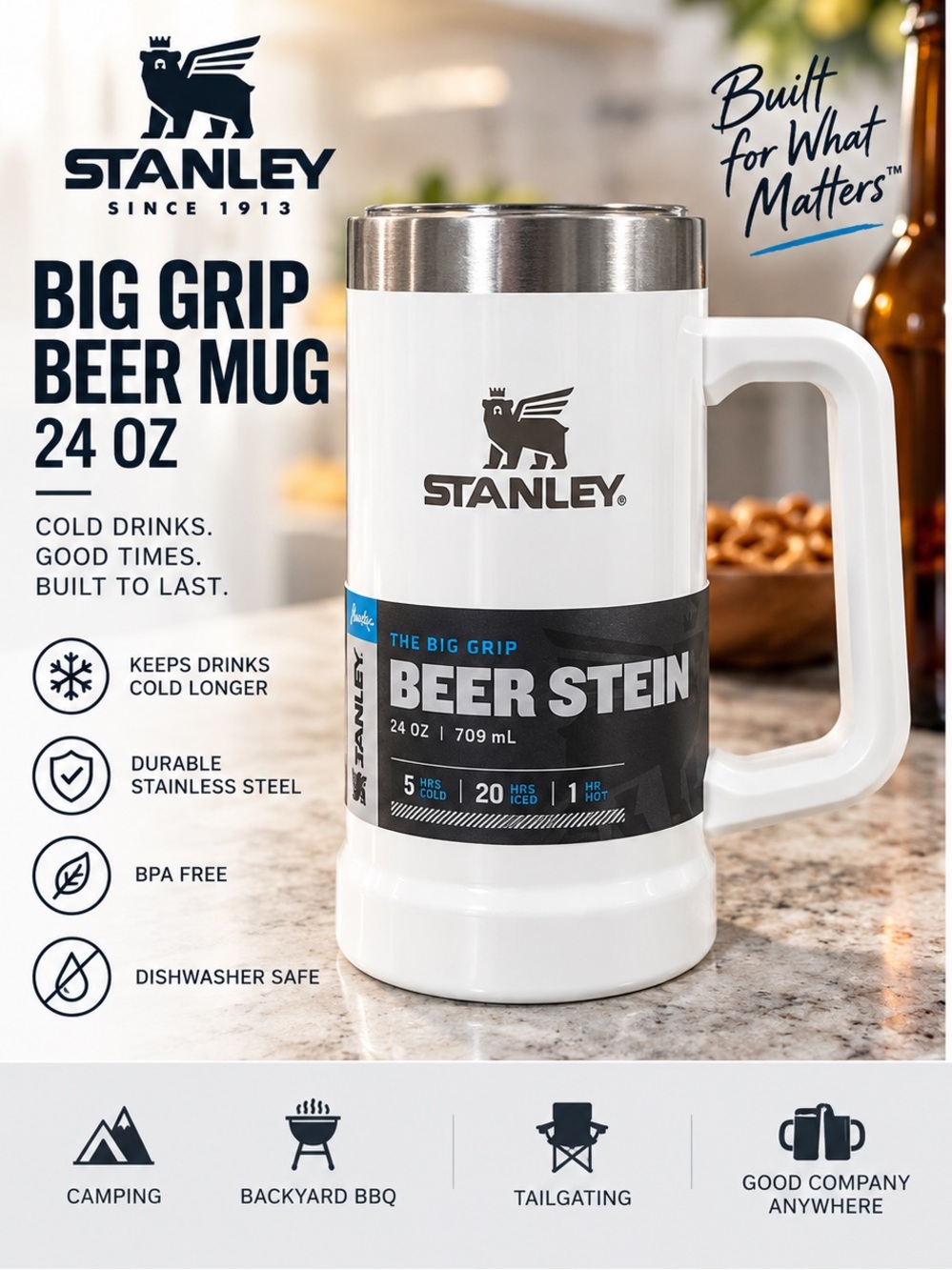 Stanley White Big Grip Beer Mug - 24 oz NEW WITH TAGS
